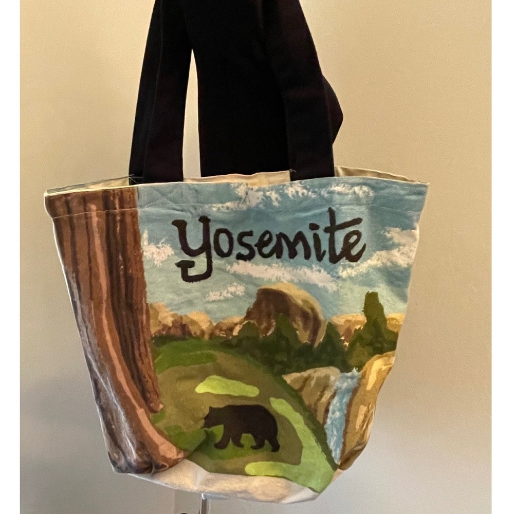 Yosemite National Park Hand Painted Canvas Tote Bag Bear Waterfall Souvenir